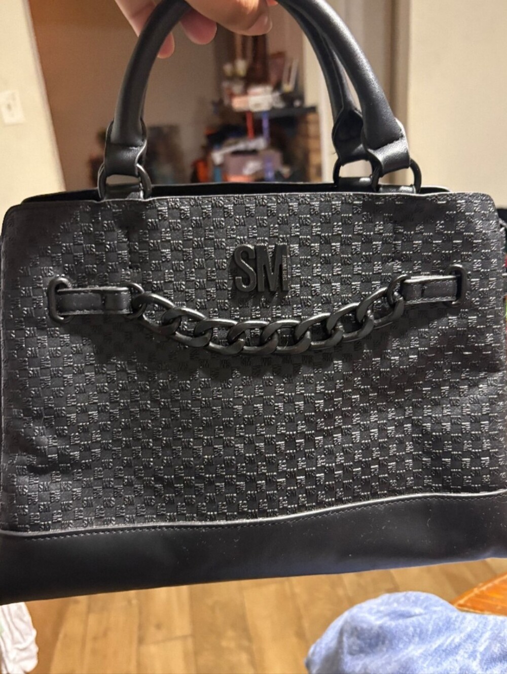 Steve Madden Black Textured Chain-Accent Satchel